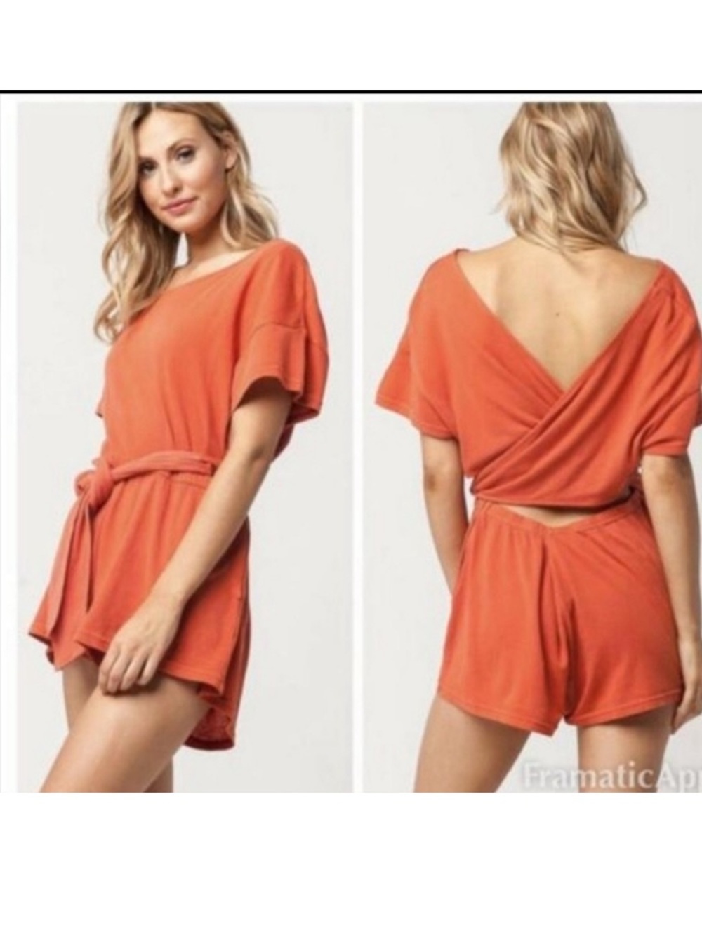 Free People Orange Short-Sleeve Wrap-Back Romper
